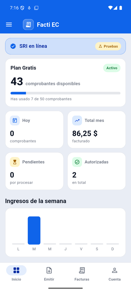 Panel de inicio de la app Facti EC con métricas de facturación