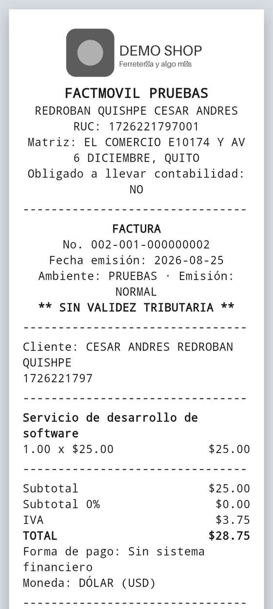 Ticket térmico emitido con Facti EC: logo del negocio, detalle de la factura y datos del SRI